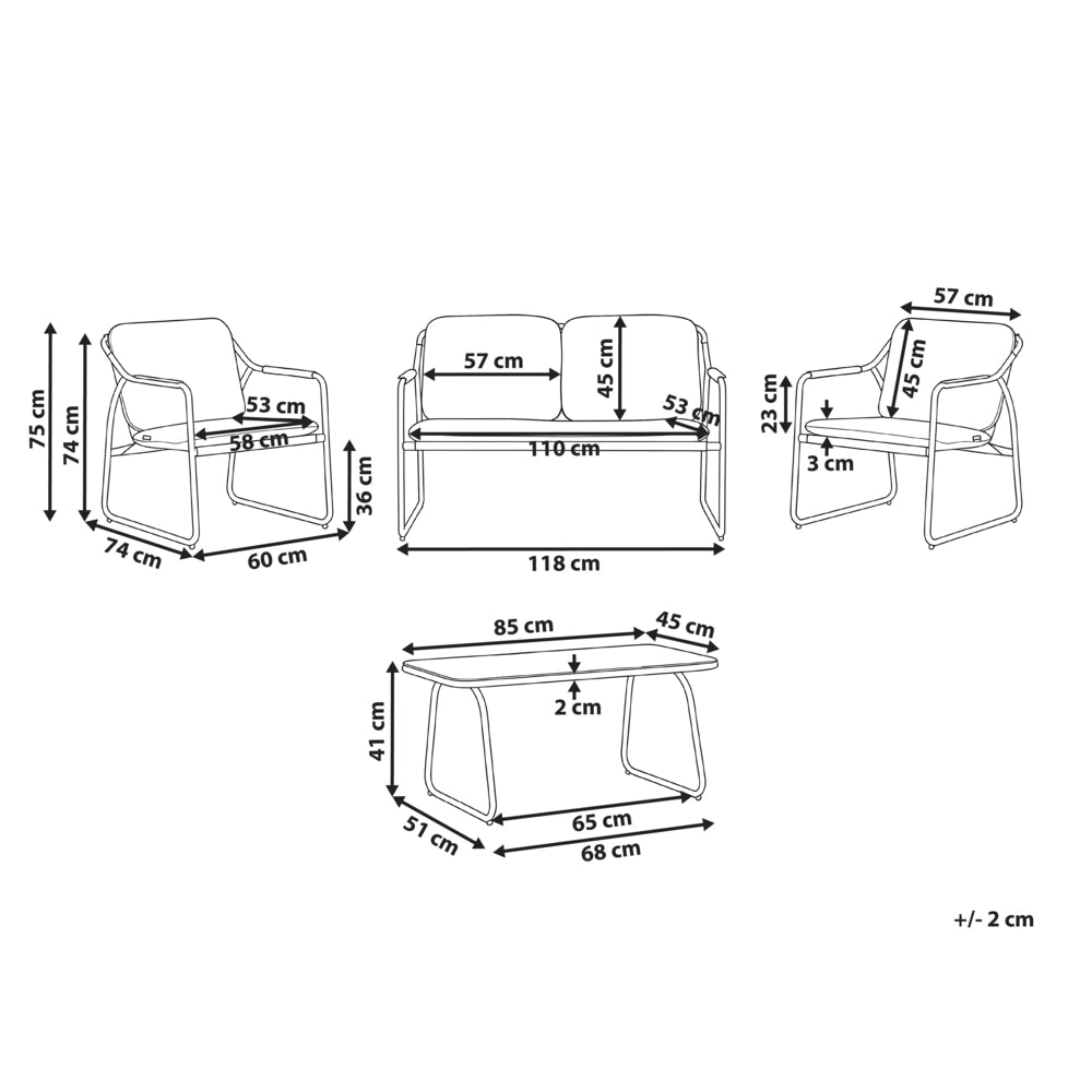Set da Giardino con Divano 4 Posti in Acciaio Marrone con Cuscini in Olefina e Tavolino da Caffè in Vetro Temperato dal Design Moderno