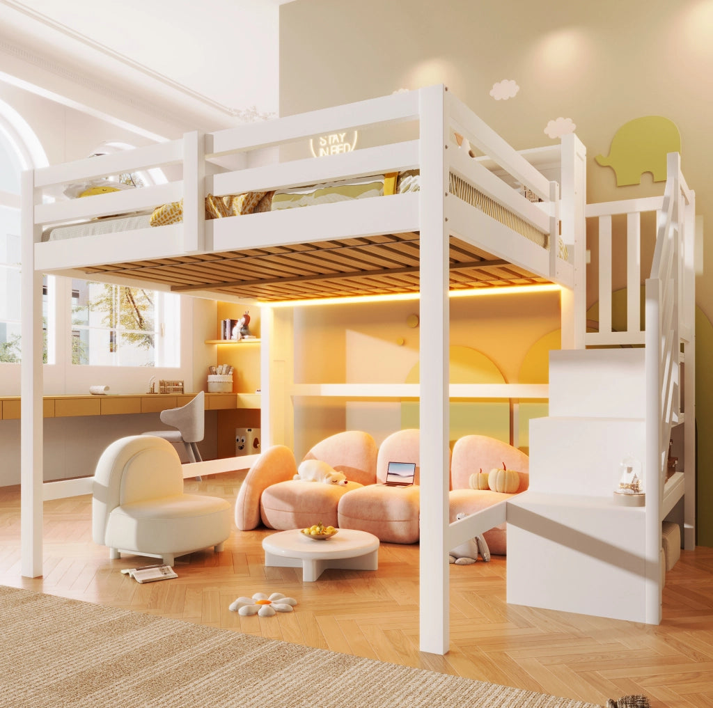 Letto a soppalco 140x200 cm bianco con LED e scala contenitore