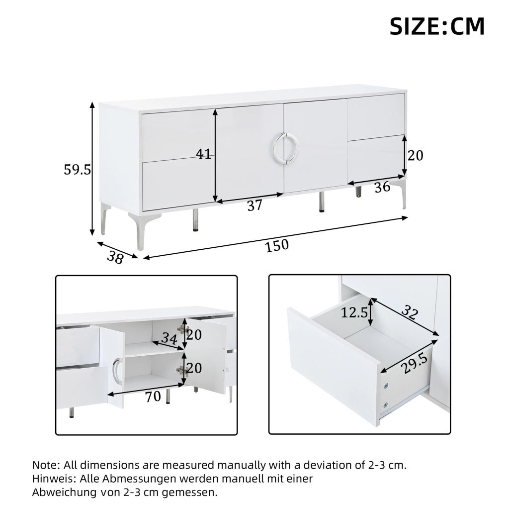 Sideboard bianco lucido 150x38x59;5 cm con 4 cassetti e 2 ante; in MDF