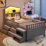 Letto per bambini 90x200 cm con 4 cassetti; LED; USB e Type-C; in legno massello; grigio