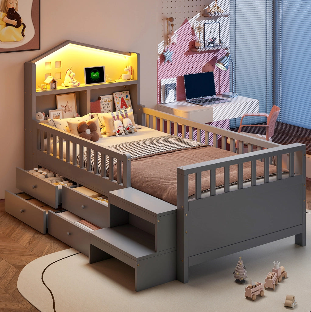 Letto per bambini 90x200 cm con 4 cassetti; LED; USB e Type-C; in legno massello; grigio