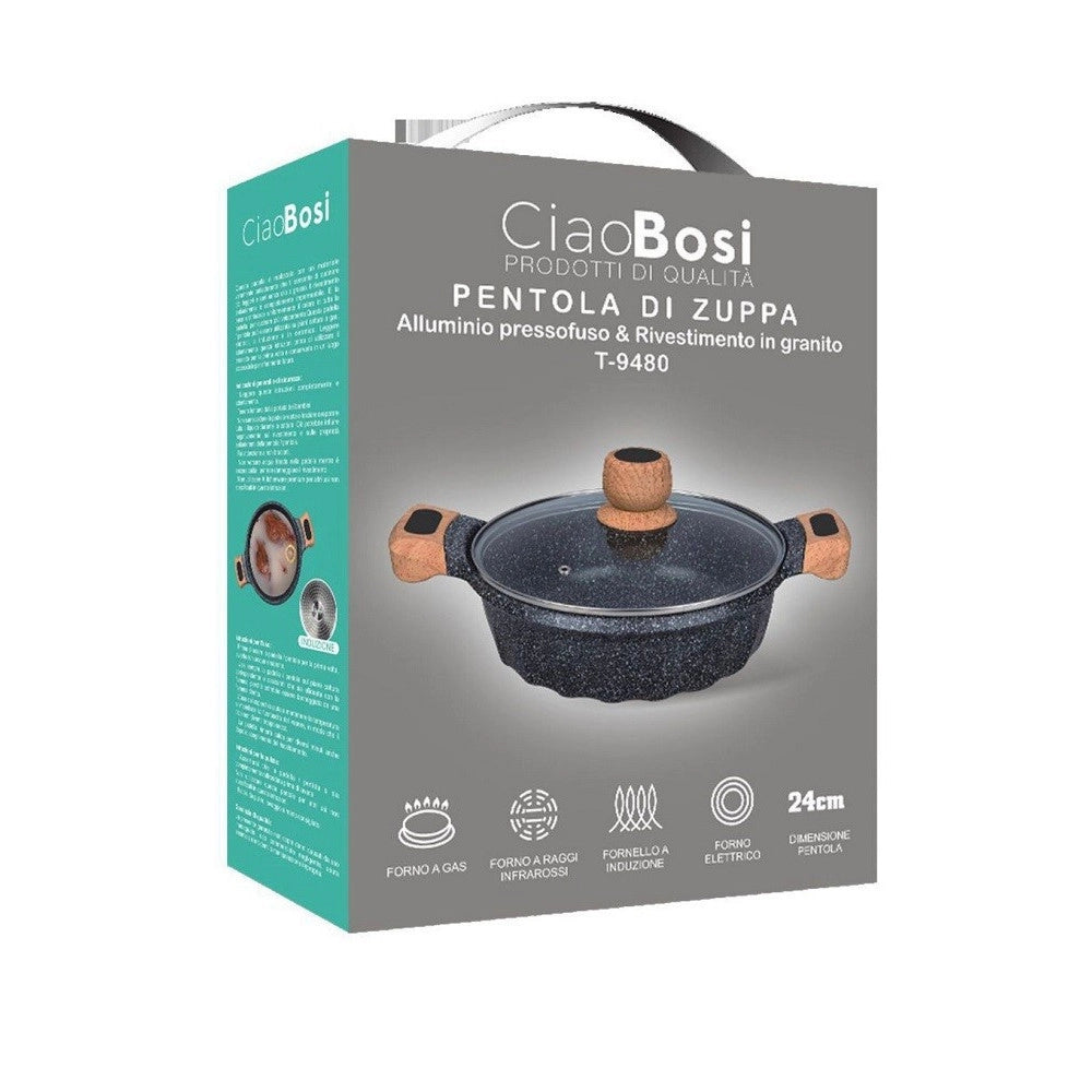 Trade Shop - Pentola Tegame Per Zuppa Rivestito Granito Con Coperchio Fondo Basso 24cm T-9480 -