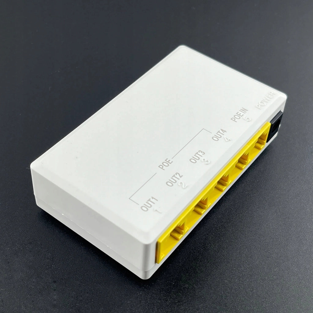 Ripetitore POE 104JS – 1x IN 4x OUT | 24W, 10/100 Mbps, 57V | Compatibile con Telecamere IP, Controllo Accessi