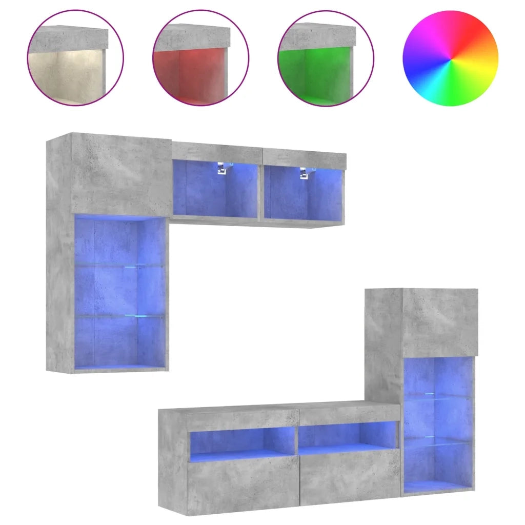 Mobili TV a Muro con LED 5pz Grigio Cemento Legno Multistrato 3216728