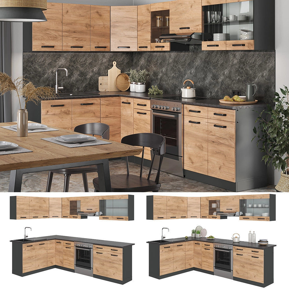 Vicco Cucina ad angolo Antracite/quercia dorata 267 x 167 cm , PL Fantasia nera con striscia LED