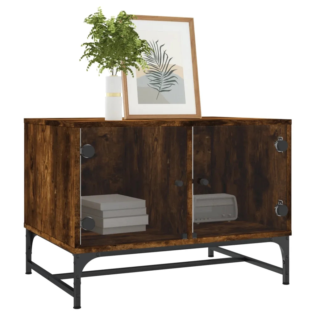 Tavolino da salotto | Tavolino da caff¨¨ | Tavolino da Soggiorno con Ante in Vetro Rovere Fumo 68,5x50x50 cm
