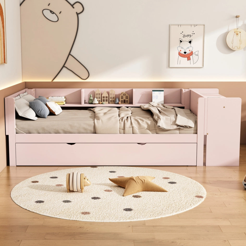 OKWISH Letto estraibile 90×200 cm, Letto Singolo con Letto estraibile, Scrivania e 3 Mensole, senza Materasso, in Pino e MDF, Rosa