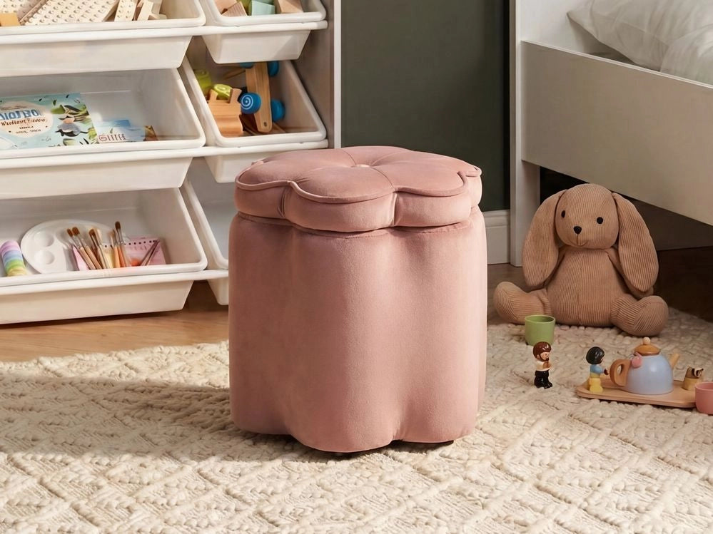 Pouf in velluto rosa con vano portaoggetti motivo floreale per soggiorno e camera da letto stile scandinavo