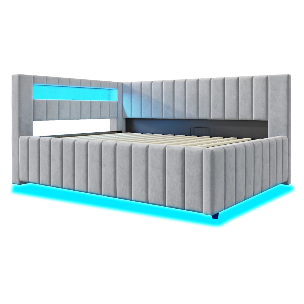 Letto imbottito 140x200 cm con contenitore idraulico, LED, USB, testiera e schienale in velluto grigio