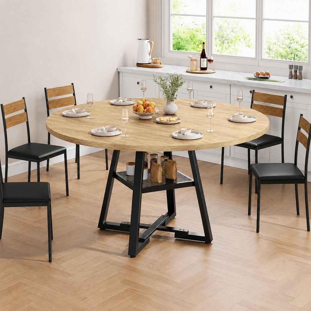 Tavolo per Sala da Pranzo Tondo Naturale con Ripiano Portaoggetti 120x120x76cm