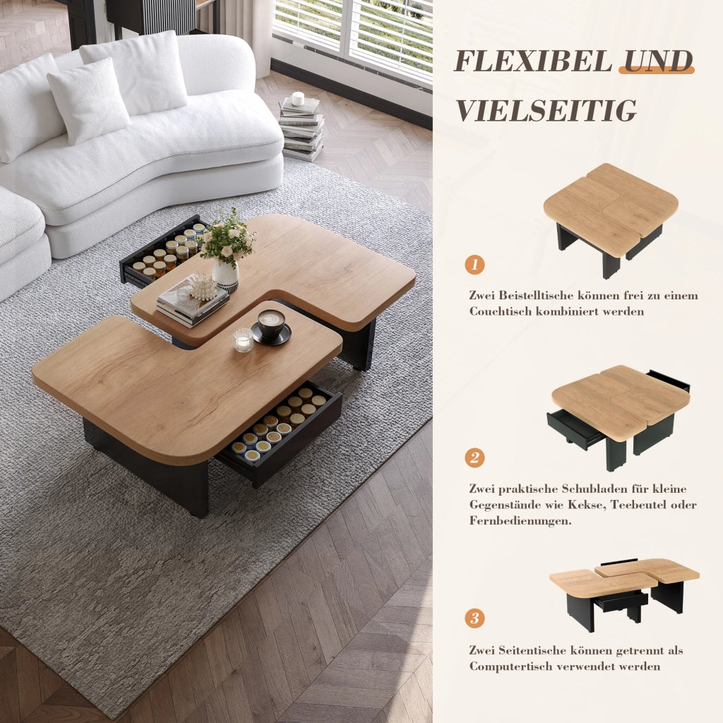 Tavolini da Salotto Impilabili con 2 Cassetti; LED e Piedini Regolabili; Stile Moderno; in MDF; Naturale e Nero