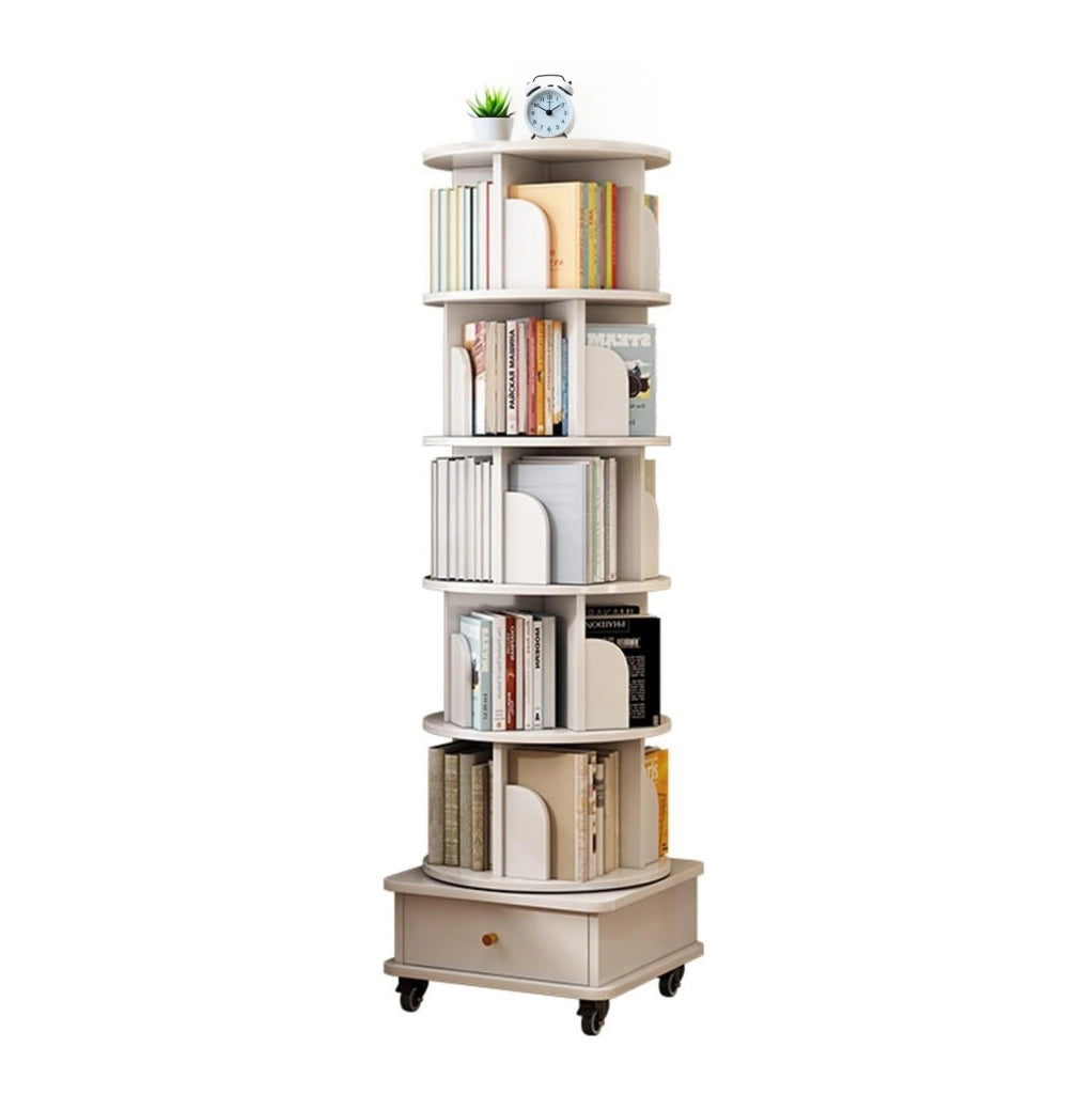 Libreria girevole 360° 46x56x173 cm in MDF bianco con cassetto –