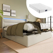 Letto matrimoniale contenitore 160x200 cm con testiera LED, PU bianco, rete sollevabile