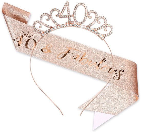 Decorazione per compleanno - Corona per 40 anni - Tiara - Decorazione per compleanno - Rosa - Polvere glitter - Striscia 160 x 95 cm - Corona per compleanno
