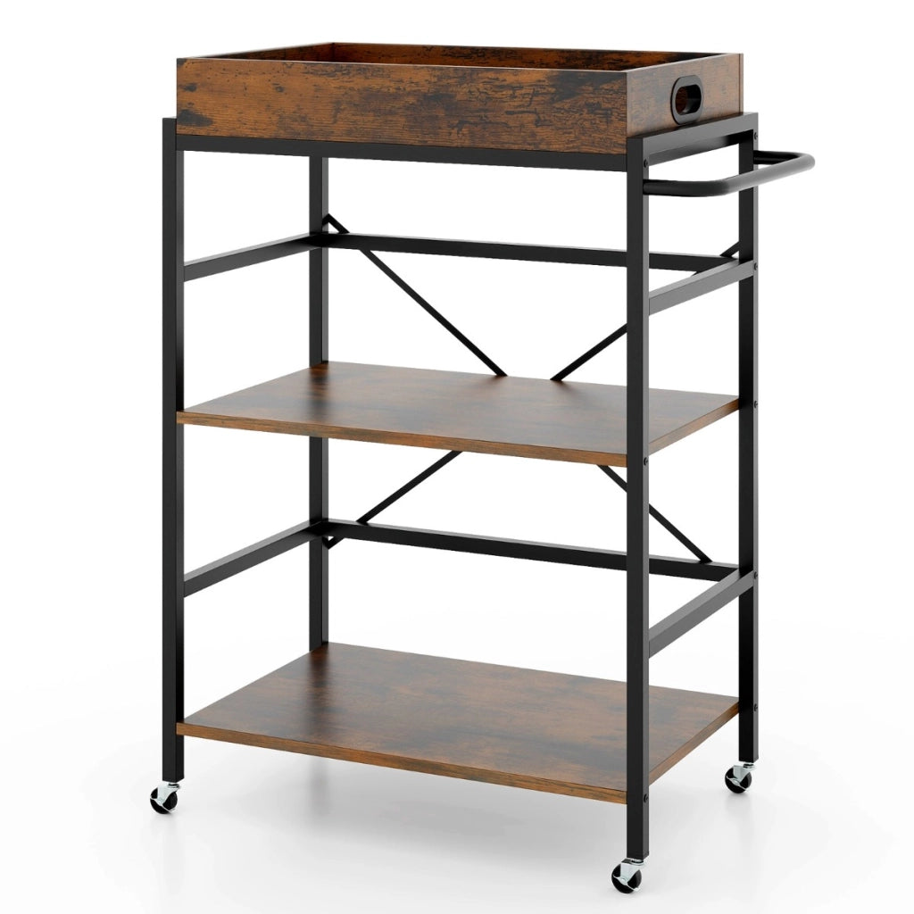 Carrello da bar a 3 ripiani con vassoio rimovibile-Buffet-Armadio da cucina Carrello da servizio industriale con 4 ruote bloccabili Marrone