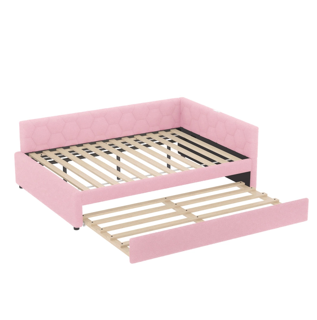 Letto 140x200 cm con letto estraibile; USB e Type-C in velluto rosa