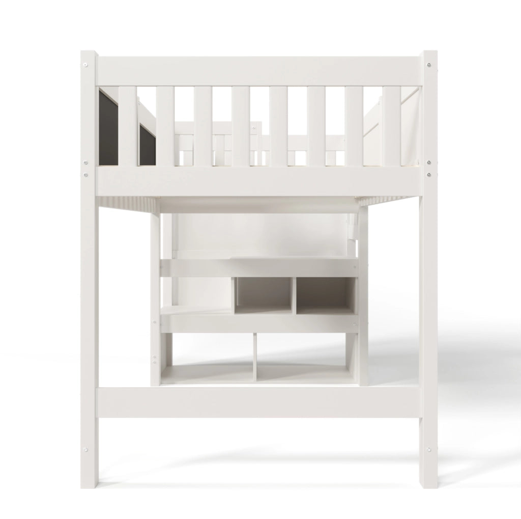 Letto a soppalco 90x200 cm con scala contenitore e lavagna in legno bianco
