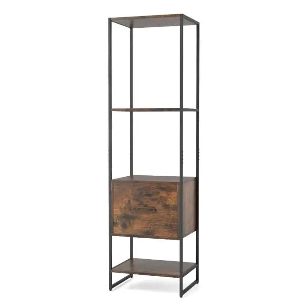 Libreria scaffale 5 ripiani alta e stretta con cassetto in metallo Rustic Brown salvaspazio per casa e ufficio