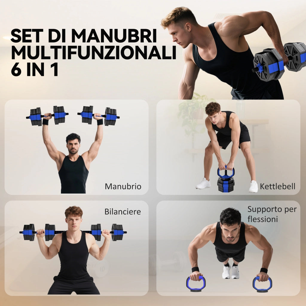 Set Pesi Palestra 6 in 1 Multifunzione da 20kg Totali 125x18x18 cm in Plastica e Sabbia Blu