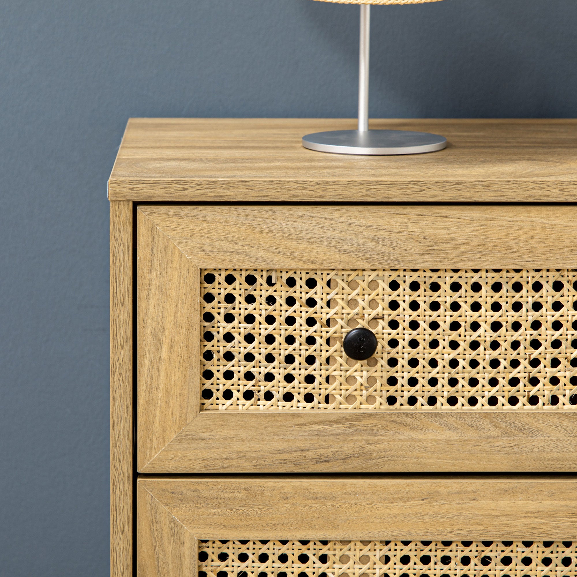 Cassettiera con 4 Cassetti in Stile Boho 80x35x95 cm Inserti in Rattan color Legno