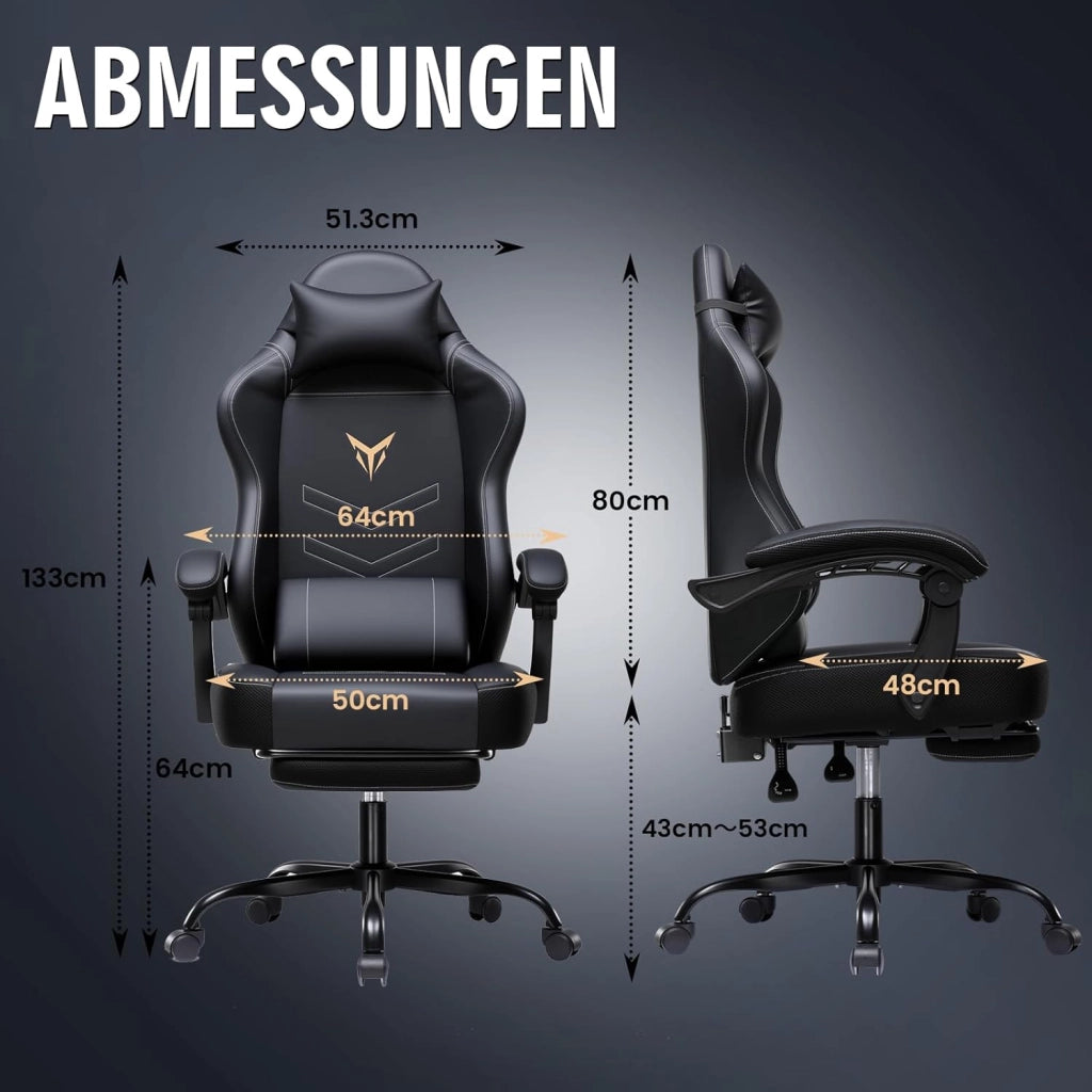 Sedia da gioco, ergonomica, con poggiapiedi, sedia da ufficio, regolabile in altezza, con cuscino lombare, sedia girevole in ecopelle nera