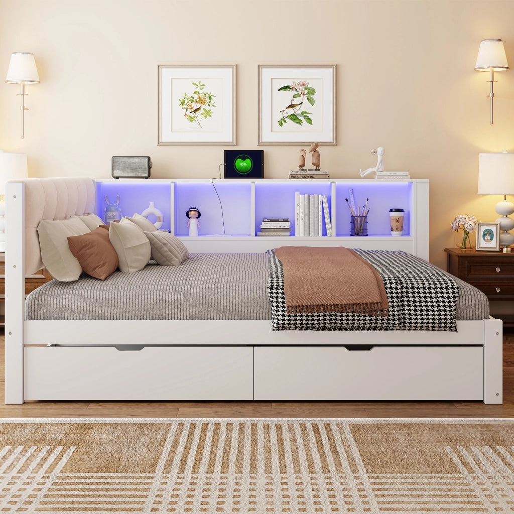 LETTO 140x200 cm con cassetti, ripiano, USB e LED, Legno di pino/MDF Bianco