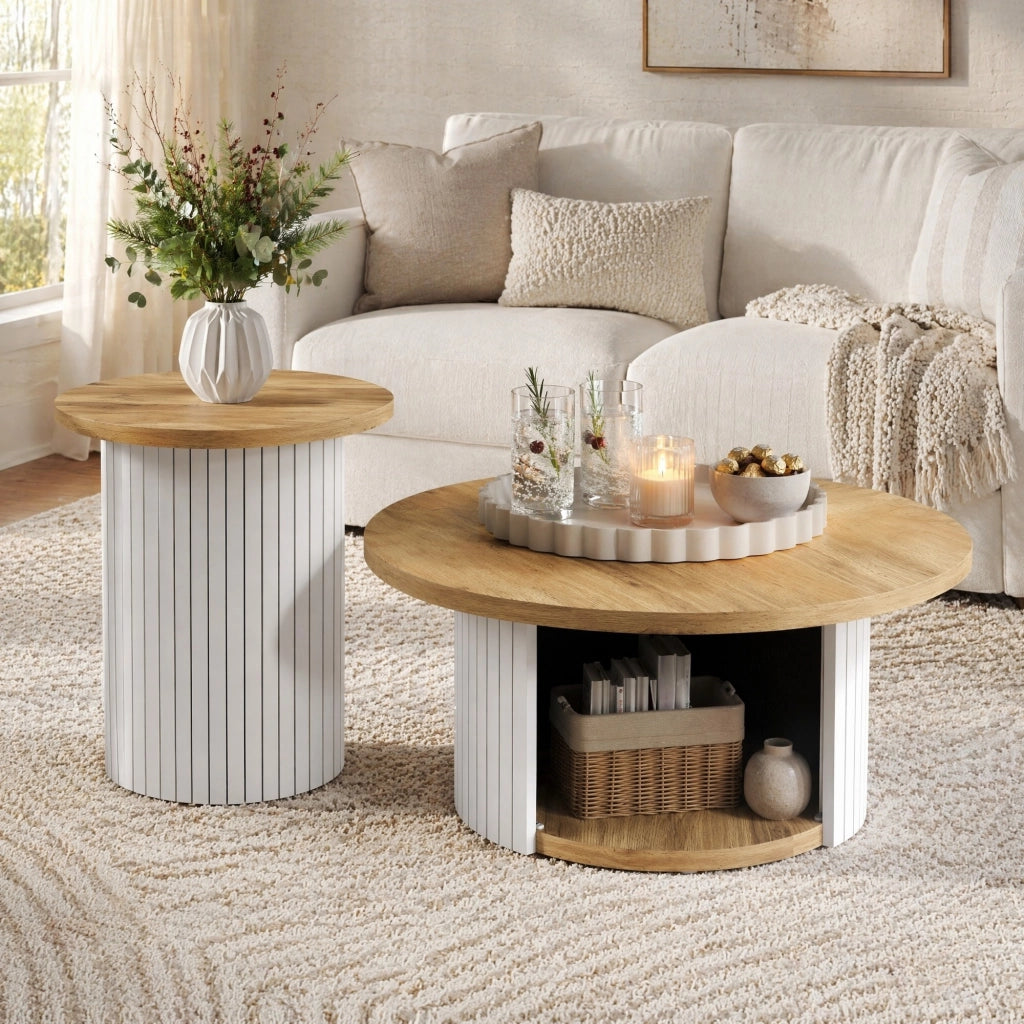 Set tavolini da salotto rotondi in MDF naturale; 75x75x50 cm e 45x45x35 cm