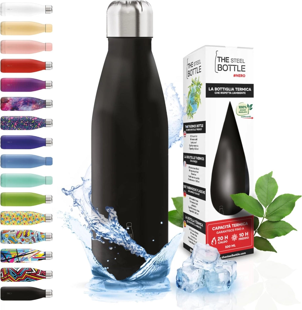 The Steel Bottle Bottiglia termica in Acciaio Inox Capacità 500 ml Chiusura Ermetica - Nero