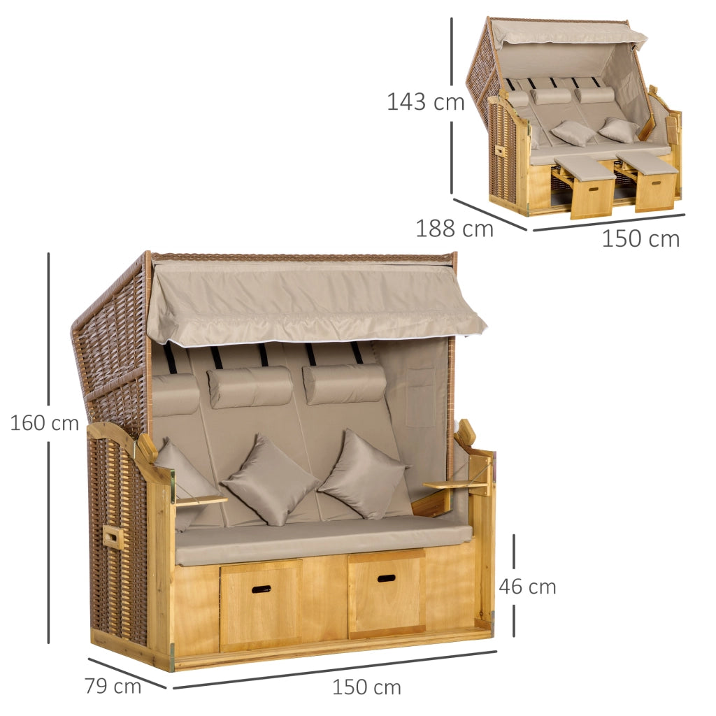 Lettino 3 posti con tetto e tavolini ¨C zephmum ¨C Polyrattan Natur 150x79x160 cm