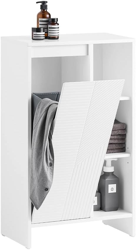 Mobiletto Bagno Salvaspazio con Cesto Portabiancheria – Mobile Bagno Salvaspazio Armadietto Alto e Stretto con Anta a Ribalta e Ripiani Aperti, 86x50x30cm, Bianco BZR156-W