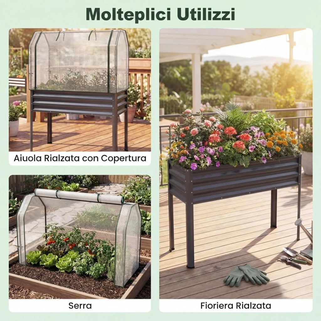Orto Rialzato da Esterno con Serra, Fioriera Rialzata con Copertura in PE, Porta Avvolgibile con Cerniera e Guanti, Aiuola Rialzata per Verdure, Fiori e Frutta, 112 x 55 x 152 cm (Grigio)