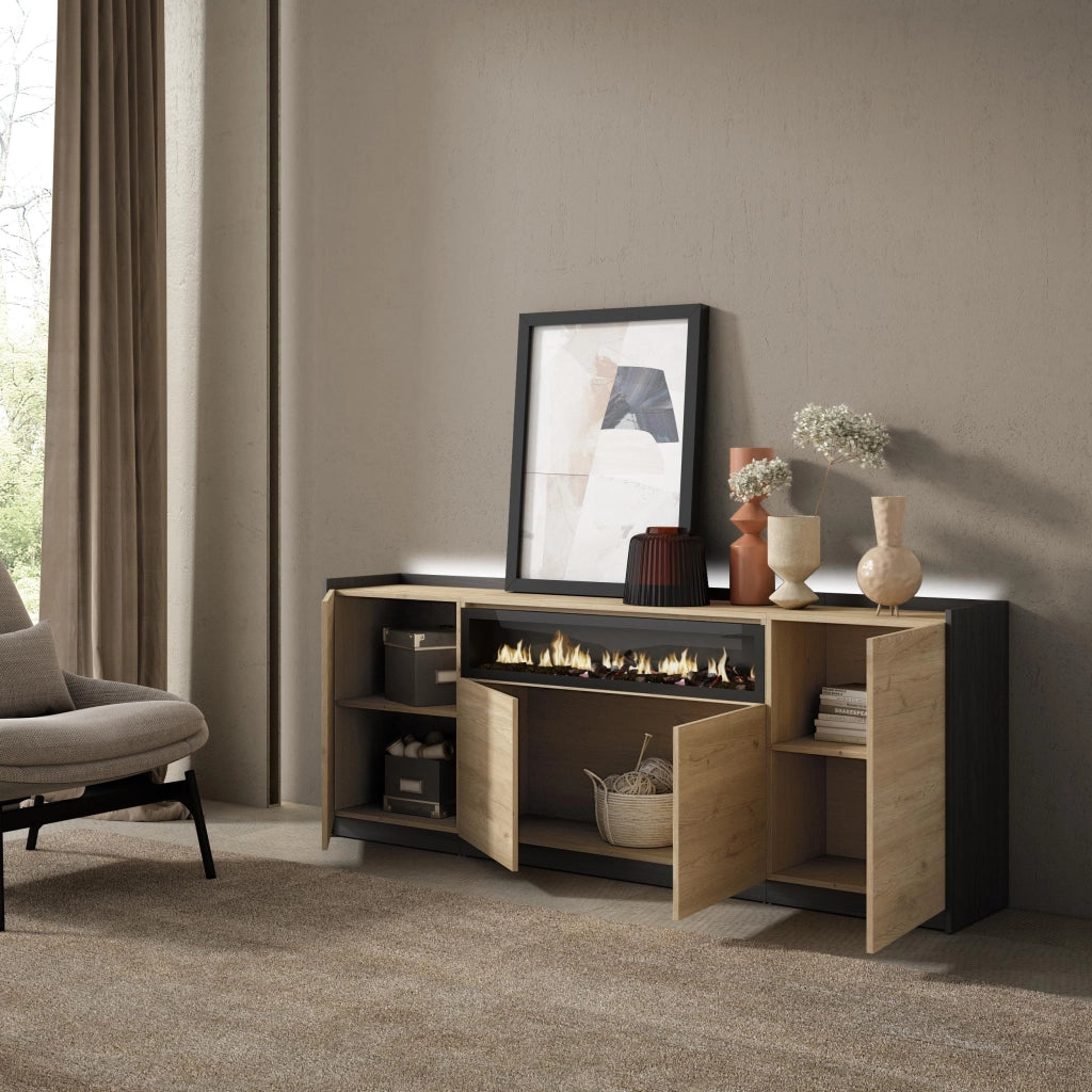 Credenza, Mobile, Cucina, 207x80x37 cm, 4 Porte, Camino elettrico, LED, Rovere e nero
