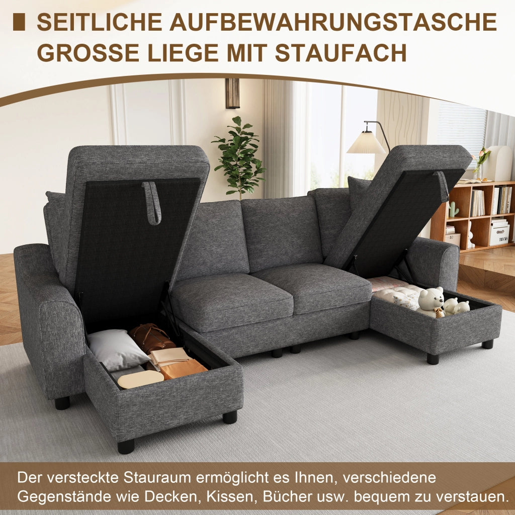 Divano panoramico a U modulare con contenitore nelle chaise longue e cuscini, in ciniglia grigio 280 × 137 × 84 cm