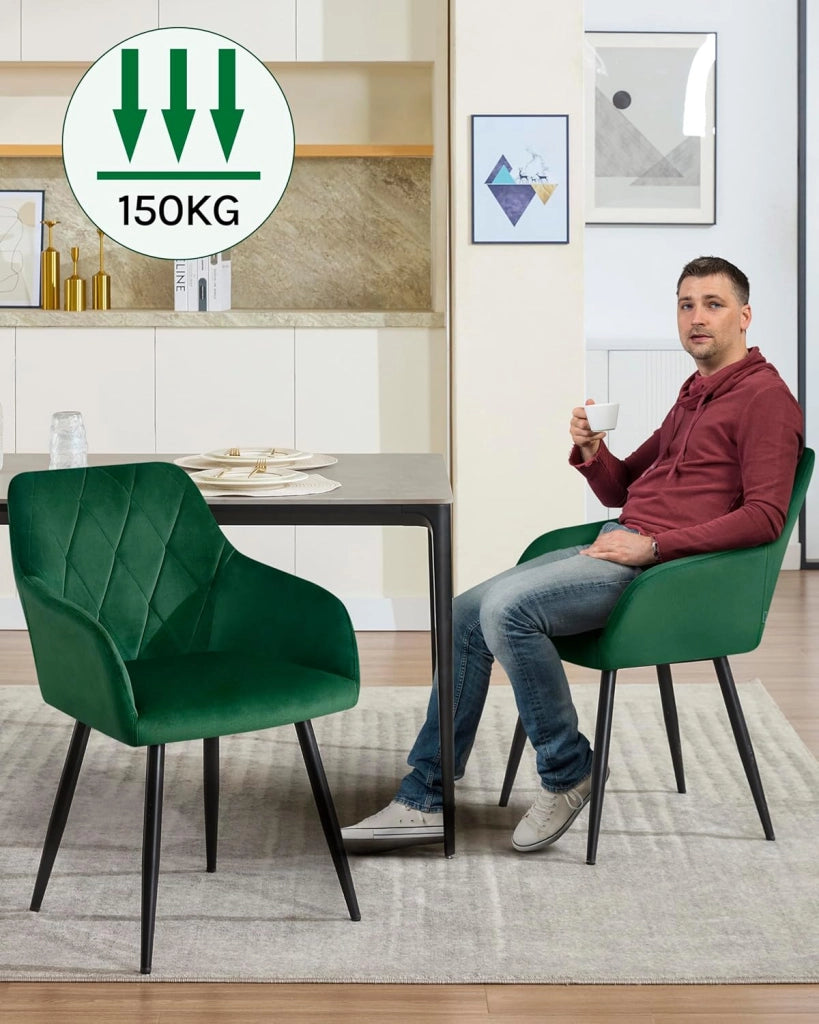 1x Sedia per Sala da Pranzo Imbottita, Poltroncina in Velluto,Sedia da Cucina con Braccioli e Schienale, Gambe in Metallo, Verde Scuro, BH352dgn-1