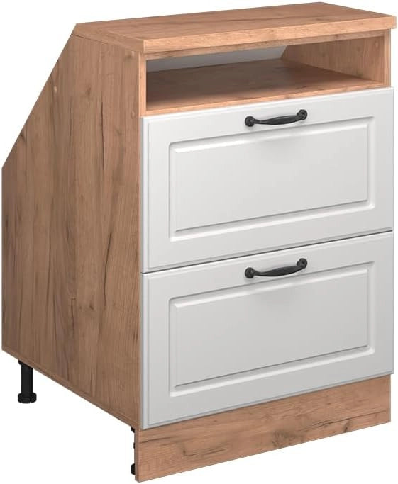 Mobile sottotetto Rion, Bianco casa di campagna, 60 x 81.6 cm con 2 cassetti, carcassa 60 cm profondità, adatto per il salvaspazio sotto tetti spioventi