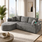 Divano angolare a L con portabicchieri in acciaio inox e tasche laterali, tessuto in lino grigio 255 × 170 × 67 cm