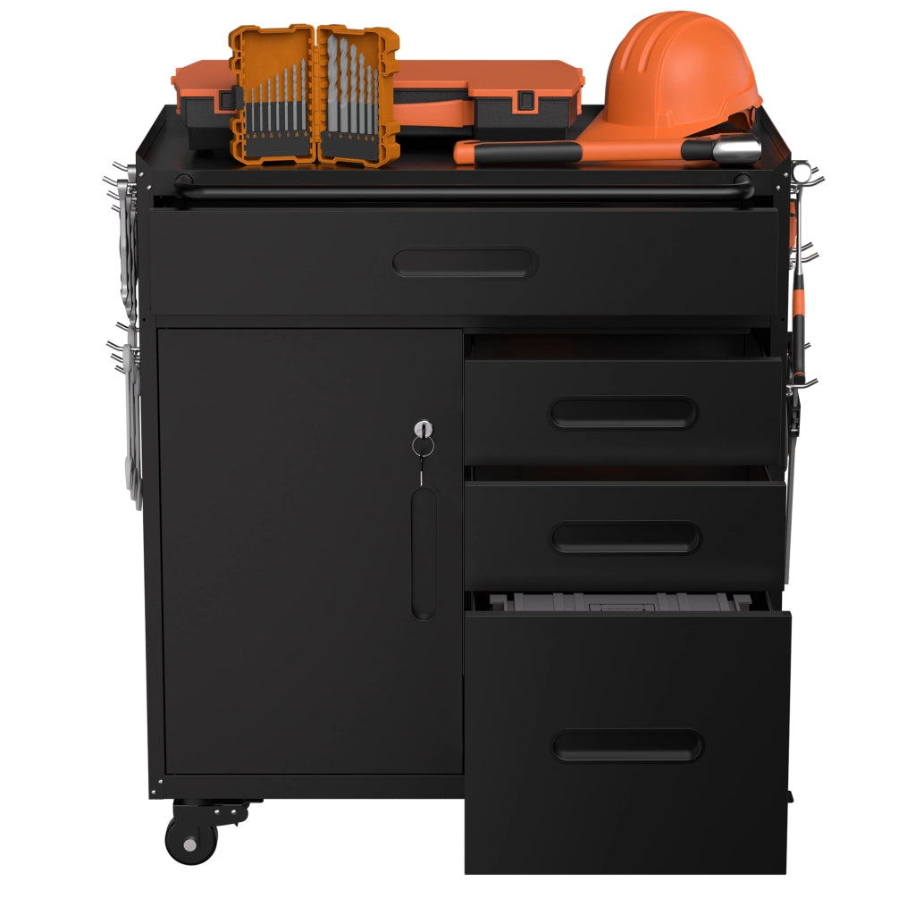 ARMADIO PORTAATTREZZI MOBILE 87,3x75x42 cm Metallo Nero 4 cassetti scomparto chiudibile