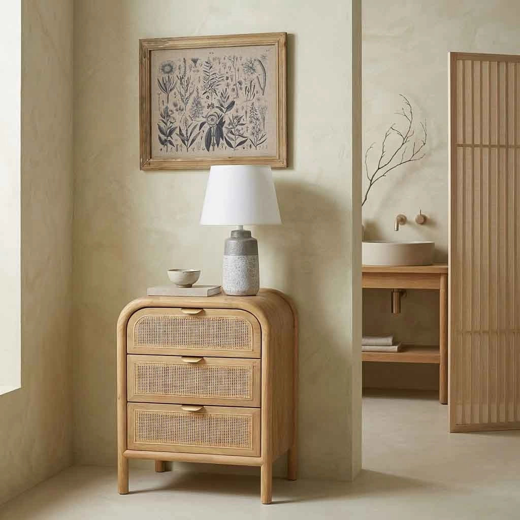 Comodino in legno e rattan marrone 45x35x66h cm