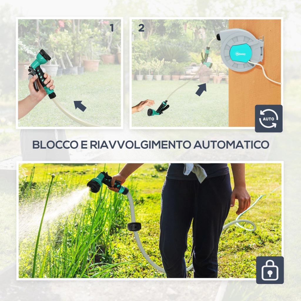 Avvolgitubo Automatico a Parete e Portatile Lunghezza 30+2 m con Sistema di Blocco e 7 Getti Verde e Grigio