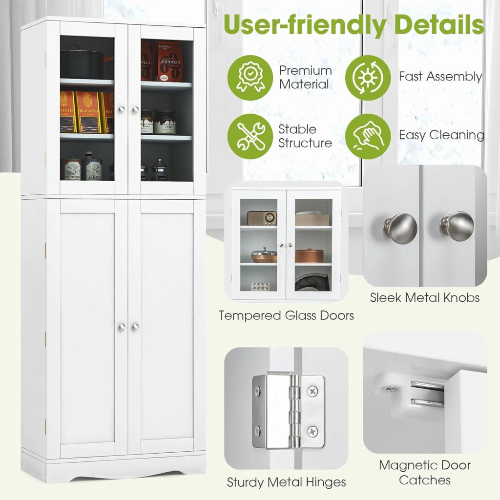Armadio alto dispensa da cucina, mobile credenza indipendente con due ante in vetro temperato, per sala da pranzo, soggiorno, 60 x 31,5 x 161,5 cm (bianco)