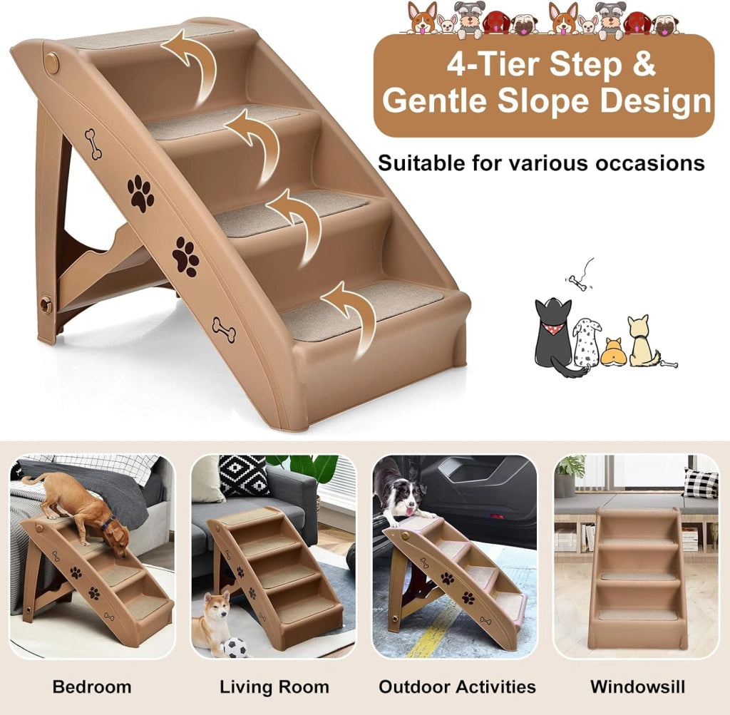 Scala per cani e gatti pieghevole, con tappetino in feltro, carico fino a 60 kg, rampa antiscivolo per cani e gatti per letto, auto, divano (marrone, 65 x 55 x 50 cm, 4)