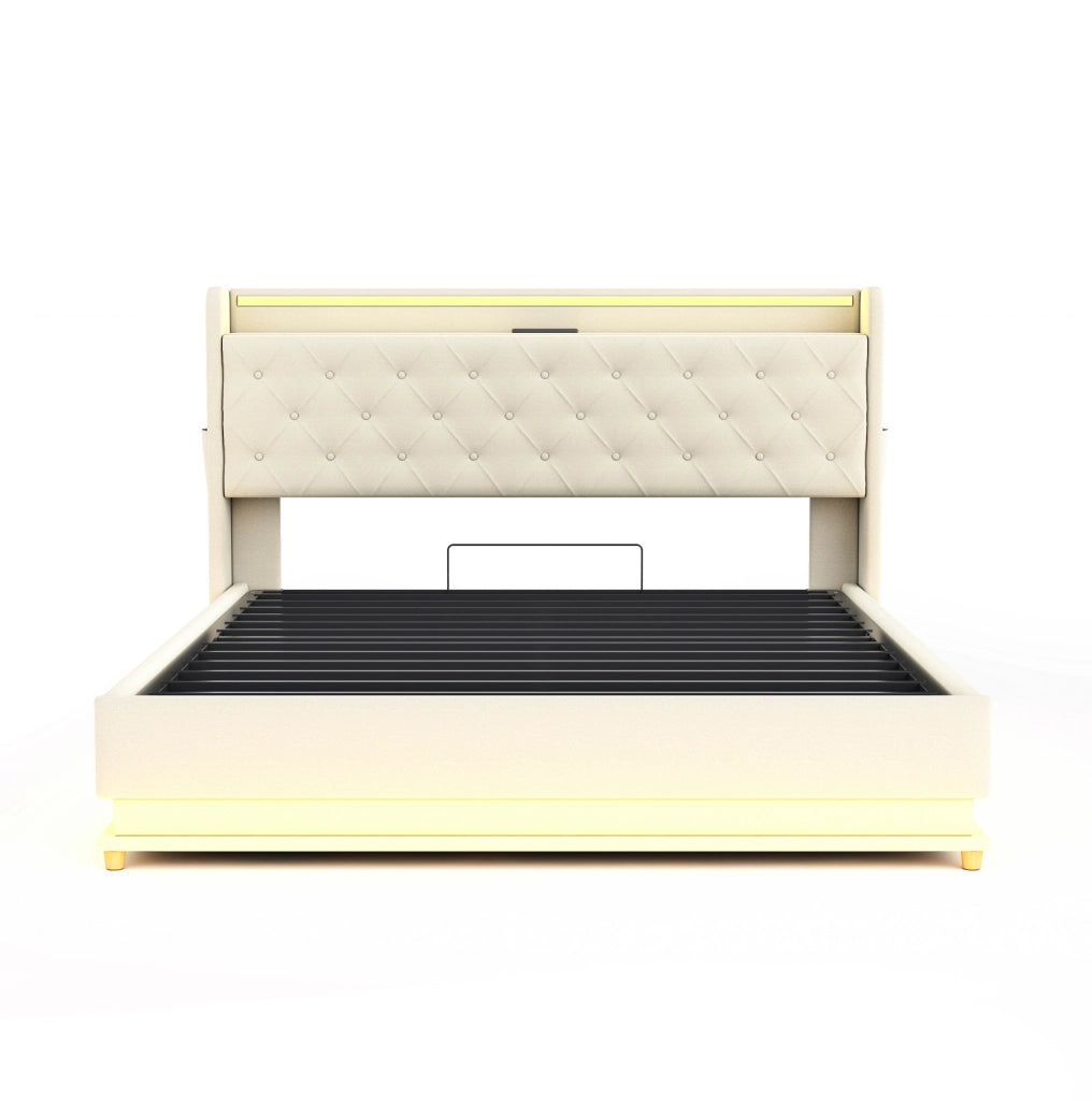 Letto imbottito 160x200 cm con LED, USB e contenitore idraulico