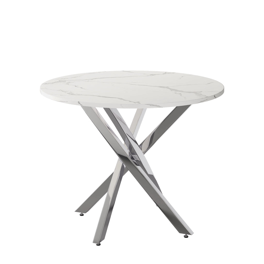 Tavolo da pranzo rotondo con piano effetto marmo e gambe cromate per cucina e soggiorno bianco argento 80 × 80 × 75 cm