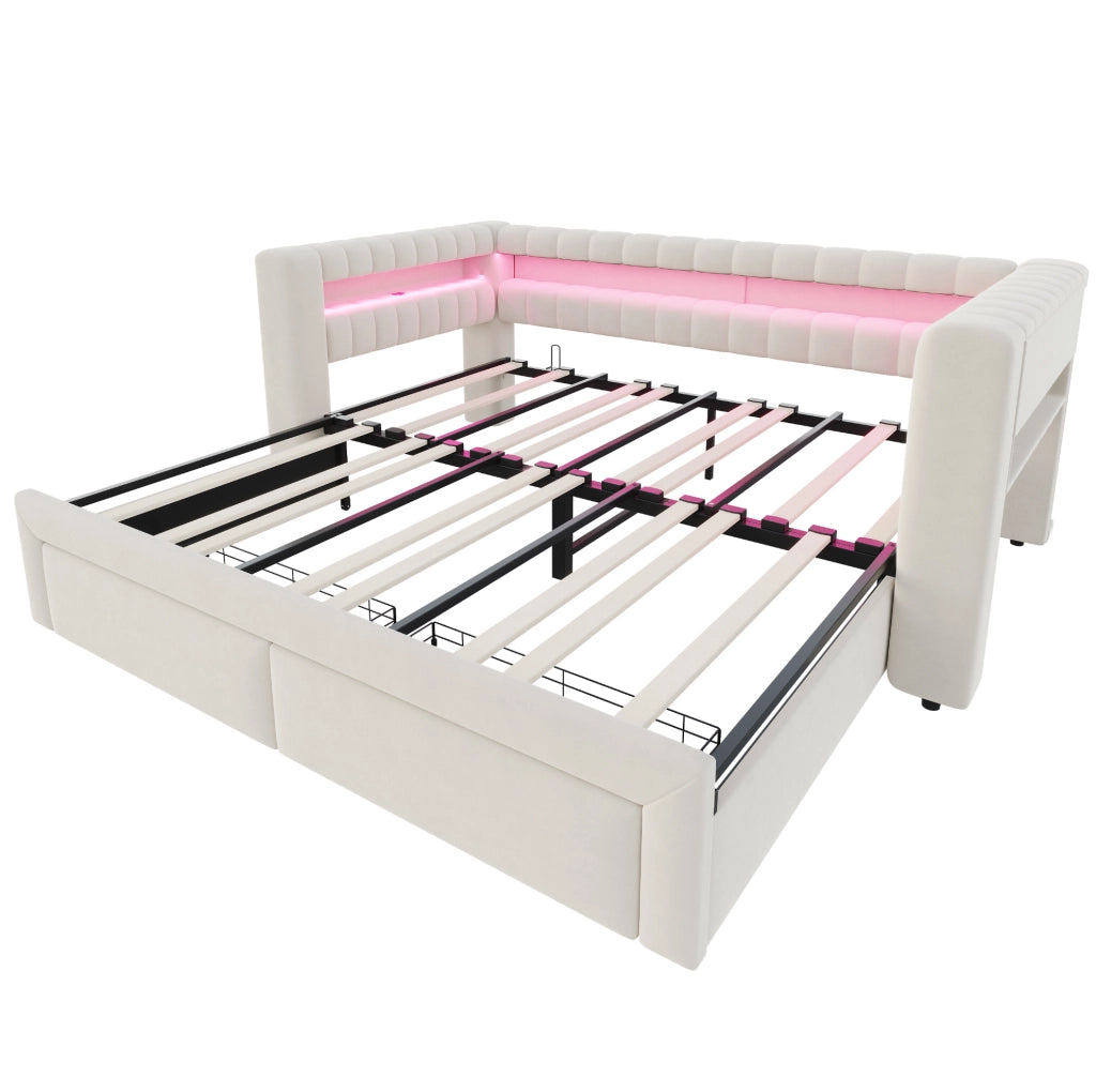 Divano letto imbottito 90x190 cm estensibile 180x190 cm in velluto beige con LED e USB