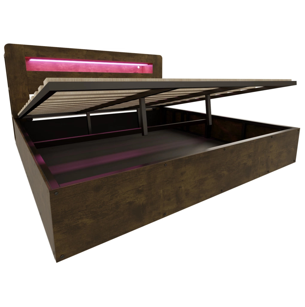 Letto matrimoniale contenitore con sollevamento idraulico; LED e prese integrate; 180x200 cm; legno vintage