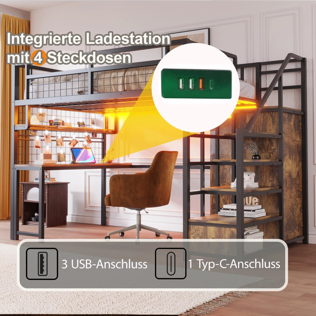 Letto a soppalco 140 × 200 cm con scrivania, scaffale, armadio, luci LED e prese, senza materasso, nero