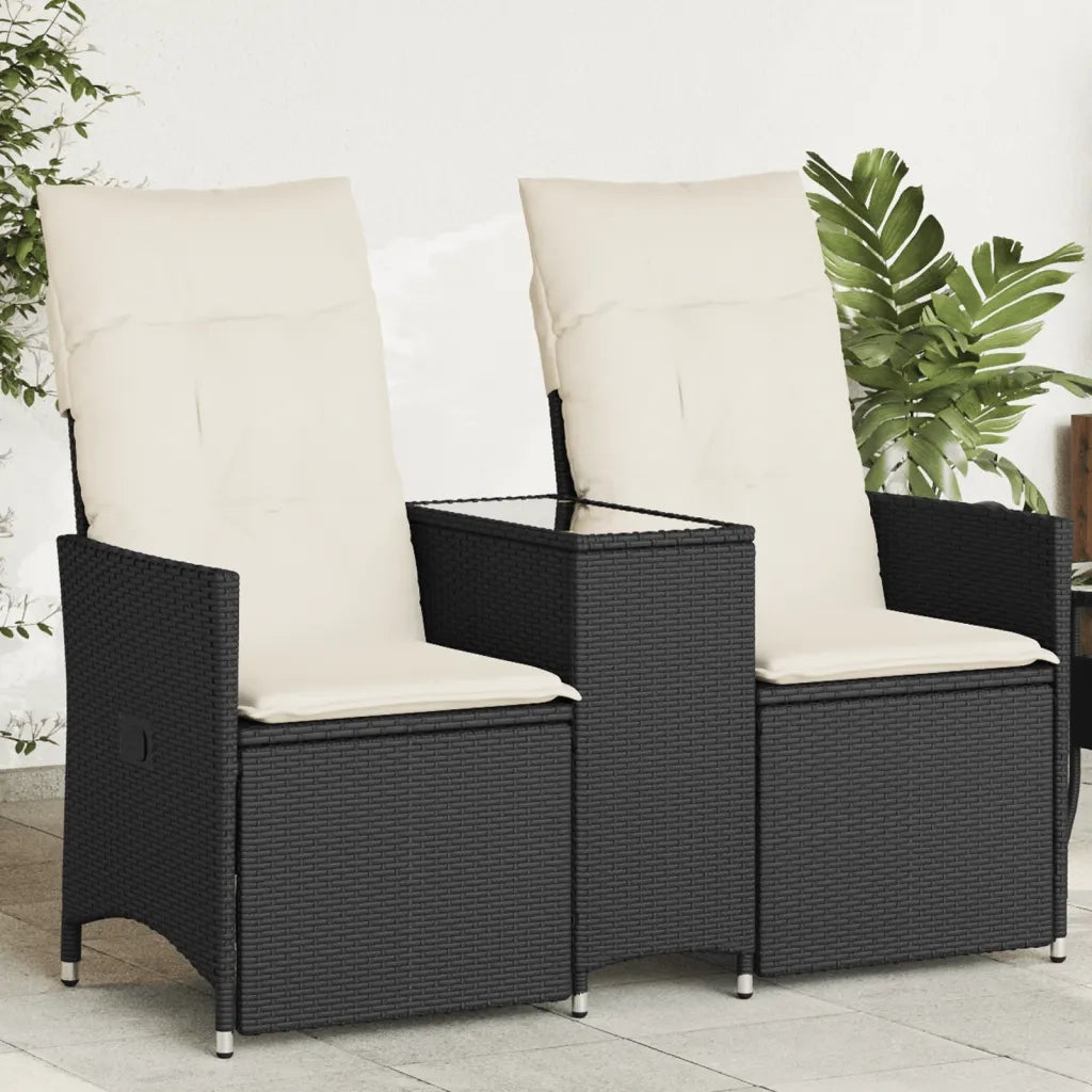 Divano Giardino Reclinabile 2Posti con Tavolino-Sofa da Giardino-Divanetto da esterno Nero Polyrattan 276601