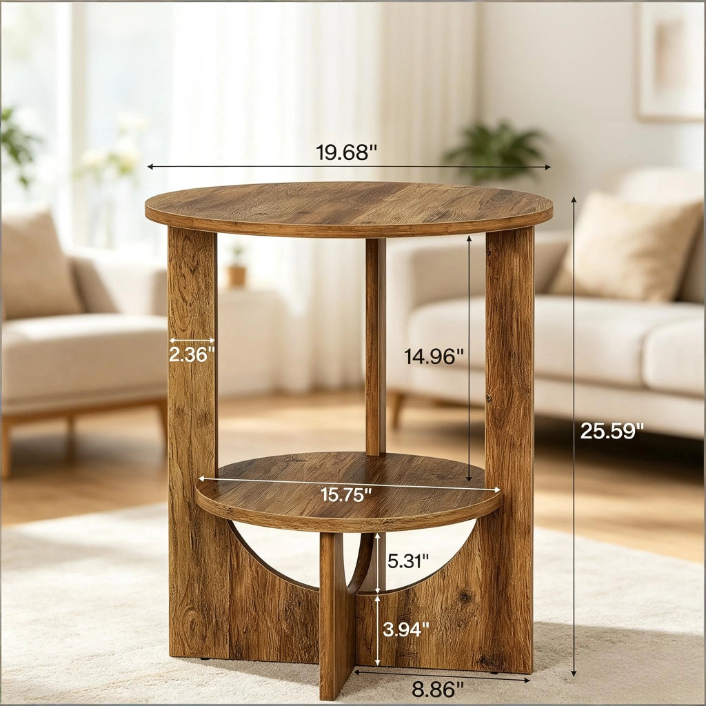 Tavolino basso rotondo con 2 ripiani e struttura a X in MDF per soggiorno camera da letto e ingresso marrone rustico 50 × 50 × 65 cm