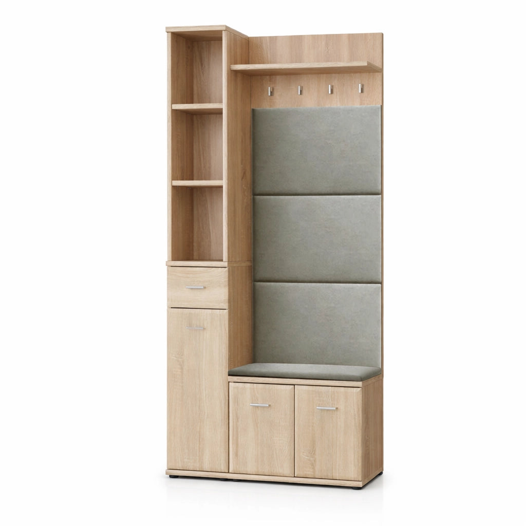Mobile Ingresso Scarpiera Appendiabiti Imbottito Set Entrata Anta Colonna Vani Guardaroba Ganci Ripiani Contenitore Multifunzione Salvaspazio Per Corridoio Casa Design Moderno 90 x 32 x 203 Cm Rovere