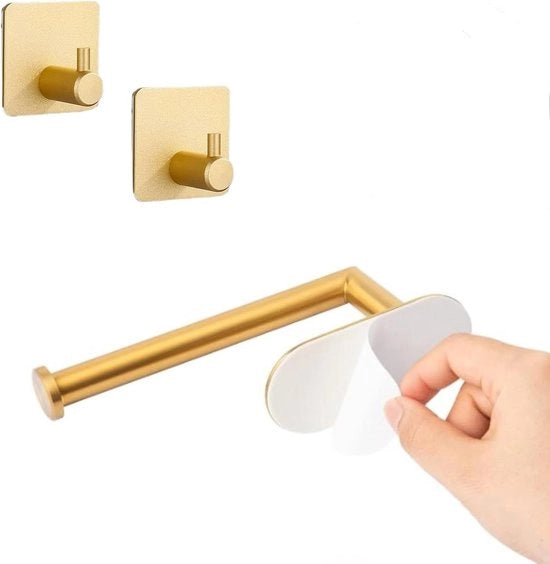 Supporto per carta igienica autofissante senza forare, acciaio inossidabile, con 2 pezzi di ganci ad aggancio per bagno, toilette, cucina, impermeabile, resistente all'ossidazione (oro)